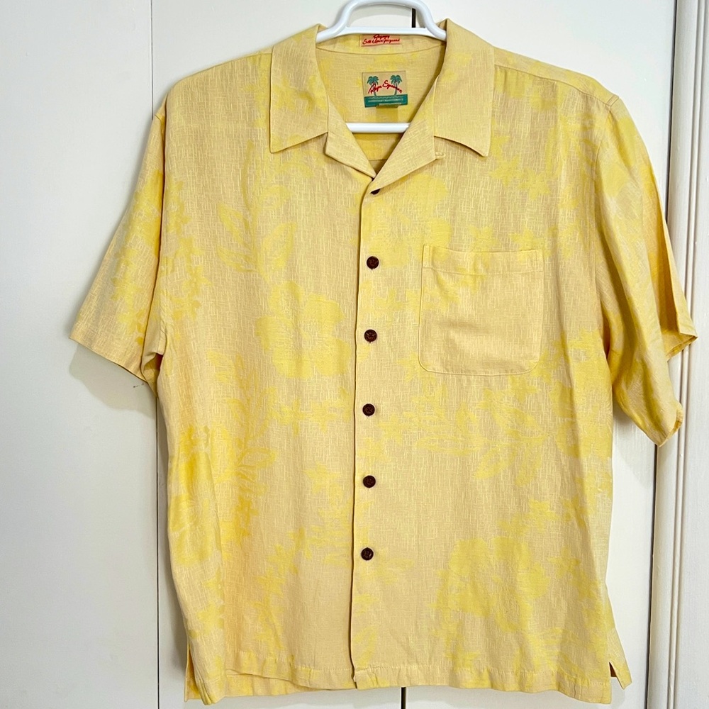 Reyn Spooner Regency Silk & Linen Jacquard Vintage Hawaiian Shirt Yellow L
